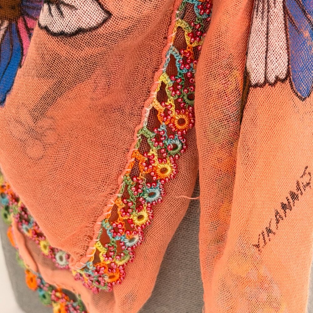 Collectable Traditional Turkish Vintage 1940s-1950s Oya Scarf Peach w Multi Col - Picture 5 of 8